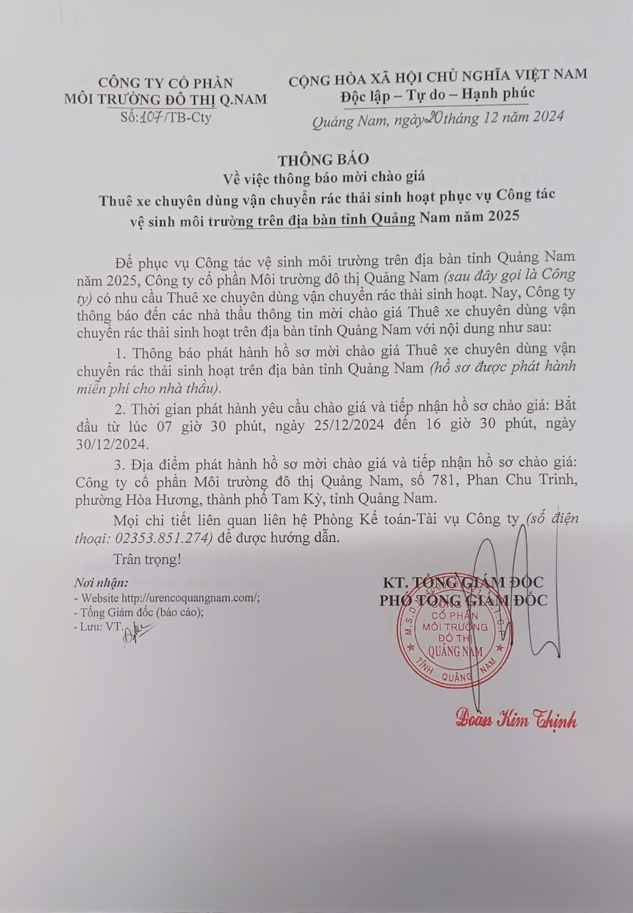 Thông báo mời chào giá Thuê xe chuyên dùng vận chuyển rác thải sinh hoạt phục vụ Công tác vệ sinh môi trường trên địa bàn tỉnh Quảng Nam năm 2025